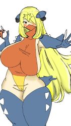 1girls big_breasts blonde_hair blue_eyes blush breasts breasts_bigger_than_head cosplay cynthia_(pokemon) doors_drop game_freak garchomp_(cosplay) green_eyes hair_over_one_eye holding_object holding_poke_ball huge_breasts large_breasts nintendo pokeball pokemon pokemon_(cosplay) pokemon_dppt solo solo_female white_background