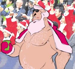 1boy anonymous_artist beard belly_button blush body_hair cape chest_hair christmas christmas_clothing chubby drawfag fat fat_man group male male_focus male_only nipples no_visible_genitalia nude old_man overweight_male pubic_hair real_life_background santa_claus sunglasses white_hair