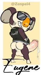 animal_crossing anthro ass backsack balls big_balls big_penis black_fur boner erection eugene_(animal_crossing) furry hands_in_pockets jacket koala looking_back male male_only muscles nintendo penis precum solo solo_male sunglasses zenpei