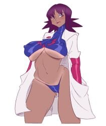 1girls bikini bikini_bottom breasts dark-skinned_female erect_nipples erect_nipples_under_clothes gloves hands_in_pockets labcoat large_breasts looking_at_viewer philena_ivy pokemon purple_hair red_eyes red_lipstick short_hair slb tanned_skin thong underboob white_background