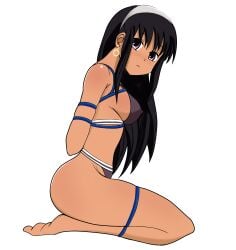 1girls arms_behind_back big_breasts black_hair bondage bra earring female female_only femsub hunie_(series) huniepop koji_draw kyanna_delrio long_hair looking_at_viewer on_knees panties rope_bondage sex_slave slave solo tied_hair underwear white_background