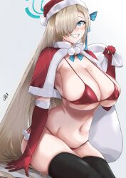 asuna_(blue_archive) black_legwear black_stockings blonde_hair blue_archive blue_eyes christmas christmas_clothing christmas_outfit cleavage female_only footwear happy ibara_azuki large_breasts light_brown_hair long_hair looking_at_viewer mole_on_breast red_bikini red_gloves red_panties santa_bikini santa_costume santa_hat solo_focus thick_thighs thighhighs thighs uncensored underwear very_long_hair wide_hips