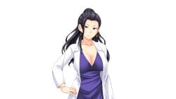 big_breasts black_hair clothed_female doctor earrings female female_only half-closed_eyes hand_on_hip long_hair medical_gown nakagawa_kuniko purple_eyes