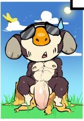 animal_crossing anthro balls big_balls big_penis black_fur butterfly eugene_(animal_crossing) flaccid furry koala male male_only muscles nintendo nude penis solo solo_male spread_legs sunglasses sweaty tongue_out zenpei