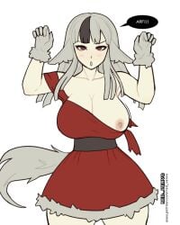 1girls accidental_exposure alternate_costume animal_ears bangs bare_thighs breasts breasts_out female female_only fire_emblem fire_emblem_fates flashing gloves grey_hair halloween halloween_costume large_breasts long_hair looking_at_viewer nintendo nipples off_shoulder one_breast_out pointy_ears red_eyes redvenus solo tail thick_thighs thighs torn_clothes velouria_(fire_emblem) wardrobe_malfunction wolf_girl