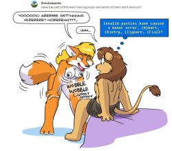 1boy 1girls 2019 amber_(jan) anthro anthromorph blonde_hair breasts brown_fur brown_hair dialogue embarrassed english_text error exotic fluffy_tail fox furry furry_only googly_eyes jan_(artist) jan_(jan) naked nine_to_nine nude nude_female orange_fur original original_character seductive seductive_look tail tigerknight