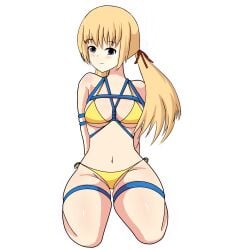 1girls bikini blonde_hair blue_eyes bondage female female_only femsub happy_sub hunie_(series) huniepop koji_draw looking_at_viewer on_knees rope_bondage sex_slave slave slave_handles solo tied_hair tied_up tiffany_maye white_background