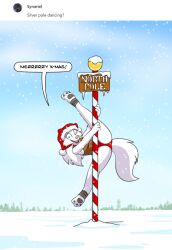 1girls 2022 andrea/silver anthro anthromorph breasts christmas christmas_hat clothing dialogue exotic fluffy_tail fox furry furry_only jan_(artist) north_pole original original_character panties pole pole_dancing snow suggestive swords_and_sausages tail tigerknight white_fur white_hair