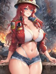 2022 ai_generated big_breasts curvy_female female_focus firefighter highres long_hair looking_at_viewer original seductive_look stable_diffusion voluptuous_female