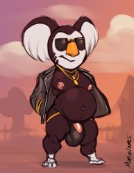 animal_crossing anthro balls black_fur bulge eugene_(animal_crossing) flaccid furry hands_in_pockets koala male male_only marlon.cores muscles necklace nintendo nipple_piercing open_jacket overweight penis solo solo_male sunglasses underwear