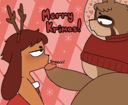 anthro antler_headband belly big_penis blush brown_body brown_fur cal_(zlut385) canid canine canis christmas christmas_clothing clothed clothing digital_media_(artwork) domestic_dog duo erection eye_contact fellatio fur genitals headgear headwear heart holidays humanoid_genitalia humanoid_penis kissing looking_at_another lyle_(zlut385) male male/male mammal merry_christmas open_mouth oral overweight overweight_male partially_clothed penile penis penis_kissing raccoon_dog red_clothing sex simple_background snowflake sweater tanuki text topwear zlut385