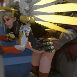 3d akande_ogundimu angel_wings angela_ziegler blonde_hair breasts dark-skinned_male dark_skin doomfist fucked_from_behind interracial light-skinned_female light_skin mercy metal_arm modified_costume overwatch sex wings