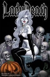 1girls black_cat chaos_comics coffin_comics curvaceous curvy_female death_(personification) erect_nipples female_focus female_only graveyard grim_reaper high_resolution highres lady_death latex_gloves latex_thighhigh_boots long_hair looking_at_viewer nipple_bulge queen_of_the_dead scott_lewis skeleton tagme white_body white_hair