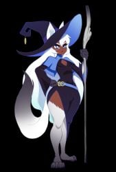 1boy :< animal_ears berwyn_(coc2) black_background blue_eyes bottom_heavy bulge canid_humanoid cg_art cleavage_cutout corruption_of_champions corruption_of_champions_ii dark-skinned_male dark_skin dclzexon eyelashes femboy girly gradient_tail hand_on_hip long_hair male male_only paws pelvic_curtain skin_tight solo source_request staff thick_thighs trap very_long_hair white_hair wide_hips wizard_hat wizard_robe