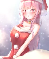 1girls blush christmas clothed clothing eyebrows_visible_through_hair female female_only gloves hololive hololive_english hololive_myth ijac_ray light-skinned_female light_skin mori_calliope pink_hair red_eyes red_gloves snow solo virtual_youtuber