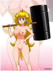 1girls absurd_res big_breasts blonde_hair blue_eyes breasts collarbone crown earrings female female_only front_view hammer hand_on_hip hi_res hips holding_hammer holding_object large_breasts layerth lipstick long_hair looking_at_viewer mallet mario_(series) navel nintendo nipples nude nude_female princess princess_peach pussy smile solo standing thick_thighs weapon