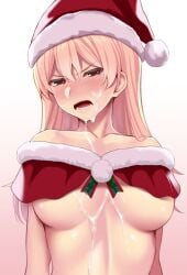 1girls bangs bare_shoulders blonde_hair blush breasts christmas commentary_request cum cum_on_body cum_on_breasts cum_on_hair cumdrip facial_hair female fur-trimmed_headwear fur_trim gradient gradient_background hat huyumitsu large_breasts light-skinned_female light_skin long_hair looking_at_viewer open_mouth original paid_reward_available red_headwear santa_hat simple_background solo straight_hair upper_body yellow_eyes