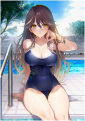 1girls blush brown_hair female female_only light-skinned_female light_skin looking_at_viewer lua_asuka mo_eelgrass one-piece_swimsuit outside pool production_kawaii solo swimsuit virtual_youtuber water yellow_eyes