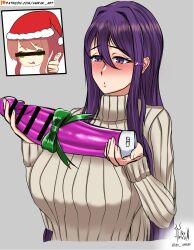 :p amrak bow brown_hair censored christmas clothed dildo doki_doki_literature_club fully_clothed gift green_bow green_eyes hat headwear holding_dildo holding_object monika_(doki_doki_literature_club) part_1 present purple_eyes purple_hair santa_hat standing thumbs_up tongue tongue_out turtleneck turtleneck_sweater white_background yuri_(doki_doki_literature_club)