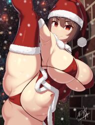 1girls bikini blush breasts brown_hair christmas female huge_breasts light-skinned_female light_skin looking_at_viewer original original_character red_eyes samegami santa_hat short_hair thick_thighs