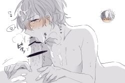 aoyagi_touya blowjob blush censor_bar censored censored_genitalia censored_penis cum_on_body cum_on_face male_only project_sekai shinonome_akito source_request yaoi