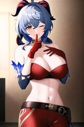 1girls ;) ai_generated bare_shoulders belt big_breasts blue_hair cleavage collarbone cowboy_shot finger_to_mouth ganyu_(genshin_impact) genshin_impact gloves hair_between_eyes horns looking_at_viewer midriff nai_diffusion one_eye_closed red_gloves red_pants red_strapless shushing smile solo stable_diffusion strapless