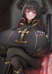 1girls big_breasts boo_iro breasts breasts_bigger_than_head clothed clothing female female_only horns huge_breasts hyper hyper_breasts light-skinned_female light_skin military_uniform sitting solo solo_female