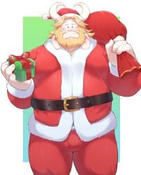 1boy 2022 2d anthro anthro_only asgore_dreemurr bara belly big_belly blush bovid bovine bulge christmas christmas_clothing christmas_headwear clothed clothing dilf facial_hair fully_clothed furry furry_only gift goat happy hat headgear headwear hi_res holidays looking_at_viewer looking_down male male_only mammal moobs navel nipples o-ro overweight overweight_male santa_claus santa_costume santa_hat solo solo_focus solo_male standing undertale_(series)