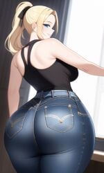 ai_generated ass_focus big_breasts black_tank_top blonde_hair blue_eyes curvy curvy_figure gigantic_ass high_waisted_pants huge_ass looking_at_viewer nai_diffusion original_character ponytail round_ass seductive_smile shiny_hair stable_diffusion thick_thighs voluptuous wide_hips