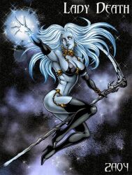 1girls big_breasts bulging_breasts candra chaos_comics coffin_comics curvy_figure death_(personification) female_focus female_only grim_reaper high_resolution highres lady_death long_hair looking_at_viewer queen_of_the_dead scythe seductive_look tagme white_body white_hair