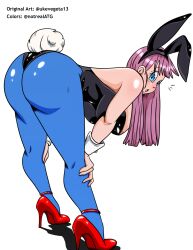 1girls 2022 ass bending_over bent_over blue_eyes bubble_butt bulma_(bunny) bulma_briefs bunny_ears bunny_girl bunnysuit busty cuffs dragon_ball dragon_ball_(classic) edit female female_only hands_on_knees high_heels large_ass large_breasts leggings light-skinned_female light_skin notrealatg playboy_bunny purple_hair shounen_jump simple_background slim_waist solo solo_female teenager thick_thighs tights ukevegeta13 white_background wide_hips