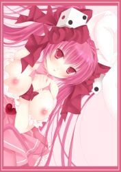 bunny_ears bunny_girl di_gi_charat dice_hair_ornament female huge_breasts no_bra open_mouth pink_hair rara419 red_eyes solo twintails usada_hikaru