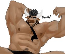 1boy abs anthro beard body_hair bovid bovine brown_hair bull formal formal_clothes hair ice_xhan male male_focus male_only mammal nipples pecs pubic_hair tie toro_buull underwear