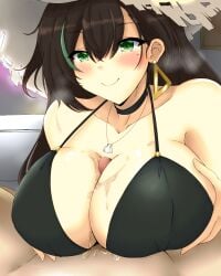 1boy 1girls alternate_costume bikini black_bikini black_hair blurry_background blush breast_grab clothed_female_nude_male clothed_paizuri cum cum_on_breasts earrings ejaculation eyebrows_visible_through_hair grabbing grabbing_own_breast green_eyes hair_between_eyes hat large_breasts light-skinned_female light-skinned_male light_skin lin_ye_(tower_of_fantasy) long_hair multicolored_hair necklace paizuri paizuri_lead_by_female shell smile straw_hat tower_of_fantasy tsuno_kiri_sakuya