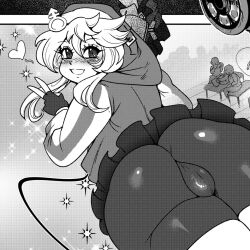 1boy ass backsack big_ass big_butt bike_shorts blush bridget bridget_grin bulge drcockula eye_contact fingerless_gloves greyscale guilty_gear guilty_gear_strive happy hoodie long_hair looking_at_viewer miniskirt monochrome shorts skirt solo thick_thighs thighs work_in_progress