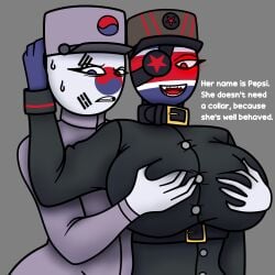 2girls black_clothing breast_grab collar countryhumans countryhumans_girl ech0chamber eye_patch hand_on_cheek large_breasts multiple_girls north_korea_(countryhumans) smile south_korea_(countryhumans) sweating thick_thighs uniform white_clothing yuri