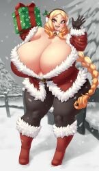 1girls arina_(dotil) bbw big_ass big_breasts blonde_hair blush braided_hair breasts_bigger_than_head busty christmas christmas_clothing christmas_outfit chubby cleavage clothed clothing dotil eyelashes fangs female female_focus female_only french_braid full_body gift gift_box gloves gold_eyes headgear headwear hi_res high_heel_boots high_heels highres holding_object holidays huge_ass huge_breasts large_ass large_breasts light-skinned_female light_skin long_hair long_sleeves neckwear no_bra open_mouth open_smile original_character outdoors outside overweight overweight_female pawg png portrait santa_costume santa_hat smile smiling snow snowing solo solo_female standing thick thick_thighs veiny_breasts venus_body voluptuous wide_hips yellow_eyes