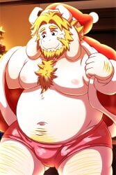 1boy 2022 anthro anthro_only asgore_dreemurr background beard blonde_hair blue_eyes bulge chest_hair christmas dad_bod facial_hair furry furry_male furry_only goat hi_res highres horn horns lako long_ears male male_only santa_costume santa_hat solo solo_male undertale undertale_(series) underwear undressing white_body white_fur