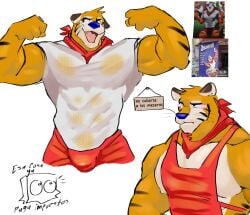 1boy abs anthro beige_fur biceps blue_nose blush bulge felid feline furry ice_xhan kellogg's male male_only mammal mascot muscular muscular_male orange_fur shirt shorts smiling spanish_text sportswear tiger tony_the_tiger toro_buull wet wet_clothes