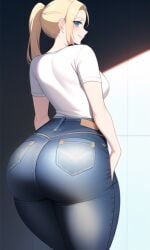 ai_generated ass_focus big_breasts blonde_hair blue_eyes curvy curvy_figure gigantic_ass high_waisted_pants huge_ass looking_at_viewer nai_diffusion original_character ponytail round_ass seductive_smile shiny_hair stable_diffusion thick_thighs voluptuous white_t-shirt wide_hips