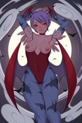 1girls 2022 areolae arms_above_head bat_print blue_pantyhose breasts breasts_out capcom choker clothing darkstalkers demon_wings female female_only fiveish gauntlets glowing_eyes head_wings hi_res knees_together leotard lilith_aensland looking_at_viewer nipple_piercing nipples pantyhose purple_hair red_eyes short_hair small_breasts smiling smiling_at_viewer solo succubus thigh_gap wings