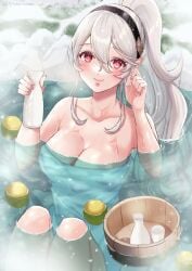 1girls alcohol alternate_hairstyle bare_shoulders big_breasts bucket cleavage collarbone corrin_(fire_emblem) corrin_(fire_emblem)_(female) female female_only fire_emblem fire_emblem_fates grey_hair hair_between_eyes hairband hot_spring large_breasts looking_at_viewer naked_towel nintendo onsen outdoors partially_submerged pointy_ears ponytail red_eyes sake_bottle shoulders smile snow20200 solo towel very_long_hair