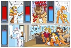 2021 amber_(jan) andrea/silver anthro anthromorph blonde_hair breasts clothing dialogue exotic fluffy_tail fox furry furry_only jan_(artist) jan_(jan) naked nine_to_nine nude nude_female nude_male orange_fur original original_character shower tail tigerknight tor_(jan) wet white_fur white_hair