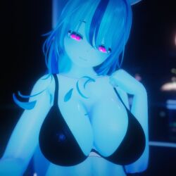 artsyvrc black_bra blue_hair blue_skin bra breasts looking_at_viewer pink_eyes virtual_youtuber vrchat