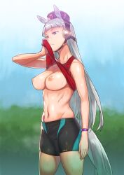 :/ animal_ears areolae bangs bare_arms bare_shoulders blue_sky blunt_bangs breasts bridle closed_mouth day female gold_ship_(umamusume) grey_hair groin half-closed_eyes hamushima hand_up hip_focus horse_ears horse_girl horse_tail lifted_by_self long_hair navel nipples no_bra outdoors perky_breasts purple_eyes red_shirt shirt shorts sky solo sportswear standing sweat tail thighs toned umamusume very_long_hair wiping_face wiping_sweat wiping_with_shirt