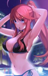 1girls absurdres adjusting_hair ahoge armpits bangs bikini black_bikini blue_bikini blue_eyes breasts cleavage collarbone female floating_hair go-toubun_no_hanayome hair_between_eyes hair_ornament high_ponytail highres large_breasts long_hair mismatched_bikini mouth_hold nakano_itsuki navel night outdoors pool red_hair side-tie_bikini_bottom sideboob sky slope_(check238) solo standing star_(sky) star_(symbol) star_hair_ornament starry_sky swimsuit twitter_username tying_hair very_long_hair water watermark