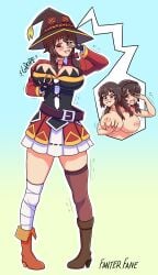 2021 breast_grab breasts brown_hair embarrassed fanterfane fusion groping groping_breast groping_self kono_subarashii_sekai_ni_shukufuku_wo! megumin merging mismatched_legwear red_eyes tagme transformation witch_hat yunyun_(konosuba)