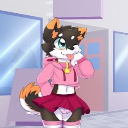 1:1 anthro black_body black_fur black_nose blep blue_eyes bottomwear bulge canid cheek_tuft chibi closed_smile clothed clothing collar crossdressing duo facial_tuft femboy fluffy fluffy_tail front_view fur girly glistening glistening_eyes hand_behind_back head_tuft hi_res inner_ear_fluff kewkungzn male mammal midriff mouth_closed multicolored_body multicolored_fur navel one_eye_closed orange_body orange_fur orange_inner_ear_fluff outside panties pattern_bottomwear pattern_clothing pattern_panties pattern_underwear pink_clothing pink_collar pink_panties pink_topwear pink_underwear red_bottomwear red_clothing red_skirt sign silhouette skirt solo_focus standing striped_bottomwear striped_clothing striped_panties striped_underwear stripes tongue tongue_out topwear tuft underwear unsigned white_body white_clothing white_fur white_panties white_underwear young