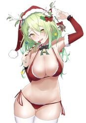 1girls antlers beauty_mark bell bell_collar bikini bikini_bottom bikini_top bow candy_cane ceres_fauna christmas clothed earrings female female_only green_hair holly_(plant) hololive hololive_english hololive_english_-council- hololive_english_-promise- humanoid mistletoe nail_polish no_visible_genitalia ornament ornaments red_berries rounded_leaves santa_hat single_braid sleeves smug solo spiky_leaves stockings virtual_youtuber white_background white_berries white_stockings yellow_eyes