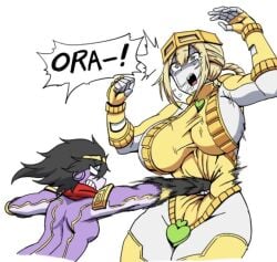 2girls armor black_hair blonde_hair breasts dark_hair female female_only genderswap_(mtf) green_eyes huge_breasts humanized humanoid jojo's_bizarre_adventure jojo_reference large_breasts mannungei punch rule_63 ryona shounen_jump stand_(jjba) star_platinum stardust_crusaders the_world